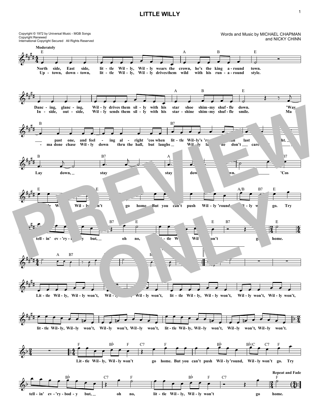 The Sweet Little Willy Sheet Music Notes & Chords for Melody Line, Lyrics & Chords - Download or Print PDF