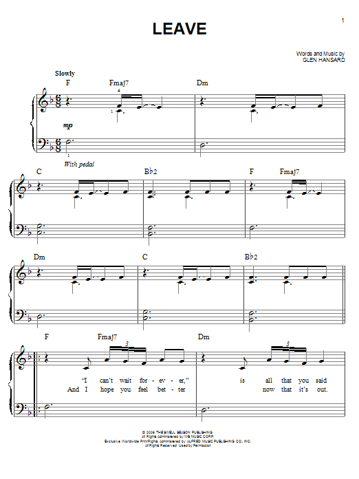 The Swell Season Leave Sheet Music Notes & Chords for Easy Piano - Download or Print PDF