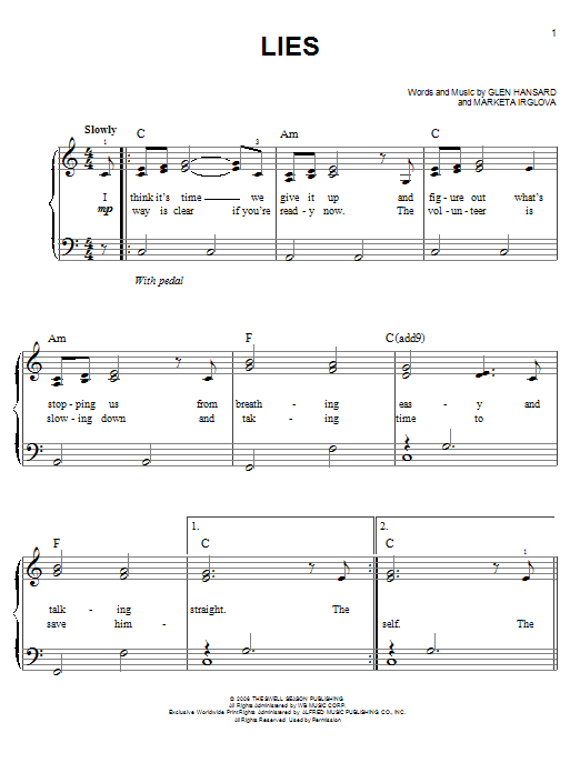 The Swell Season Lies Sheet Music Notes & Chords for Piano & Vocal - Download or Print PDF