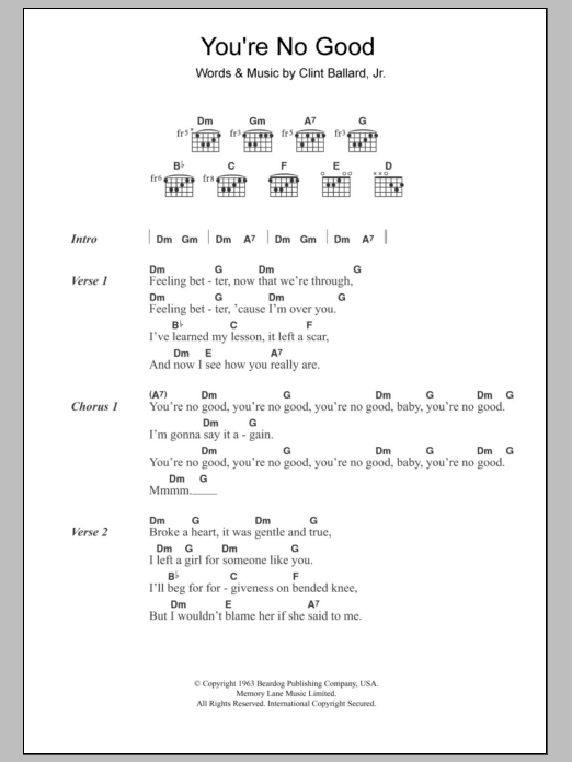 The Swinging Blue Jeans You're No Good Sheet Music Notes & Chords for Lyrics & Chords - Download or Print PDF