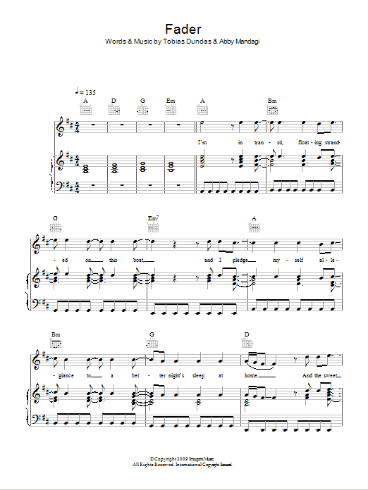 The Temper Trap Fader Sheet Music Notes & Chords for Piano, Vocal & Guitar (Right-Hand Melody) - Download or Print PDF