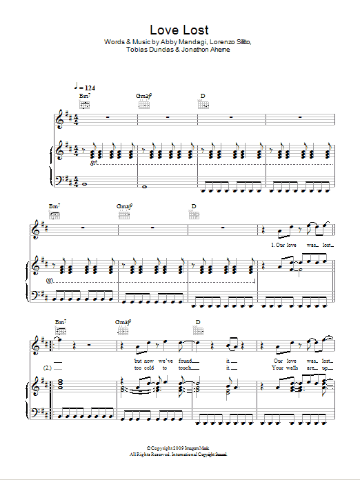 The Temper Trap Love Lost Sheet Music Notes & Chords for Piano, Vocal & Guitar (Right-Hand Melody) - Download or Print PDF