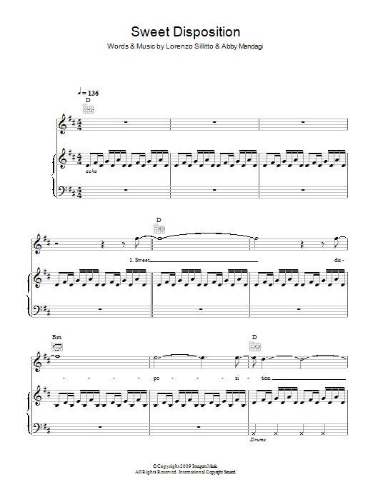 The Temper Trap Sweet Disposition Sheet Music Notes & Chords for Lyrics & Piano Chords - Download or Print PDF