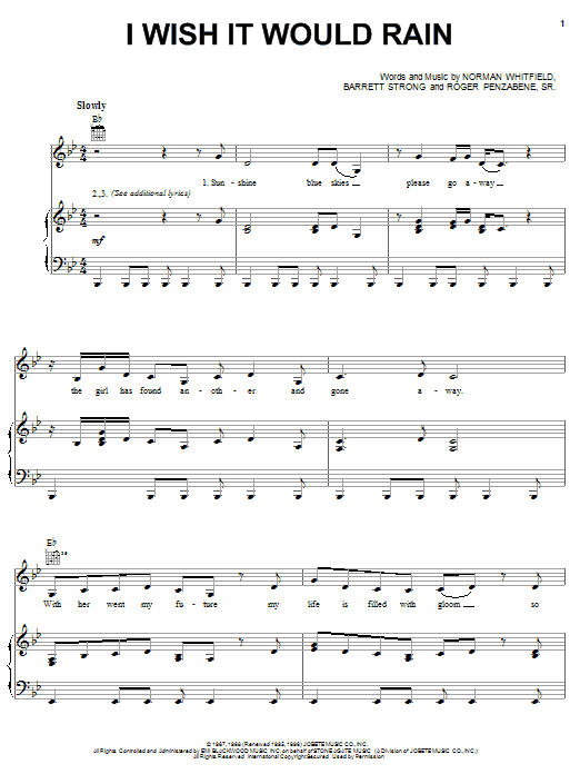 The Temptations I Wish It Would Rain Sheet Music Notes & Chords for Piano, Vocal & Guitar (Right-Hand Melody) - Download or Print PDF