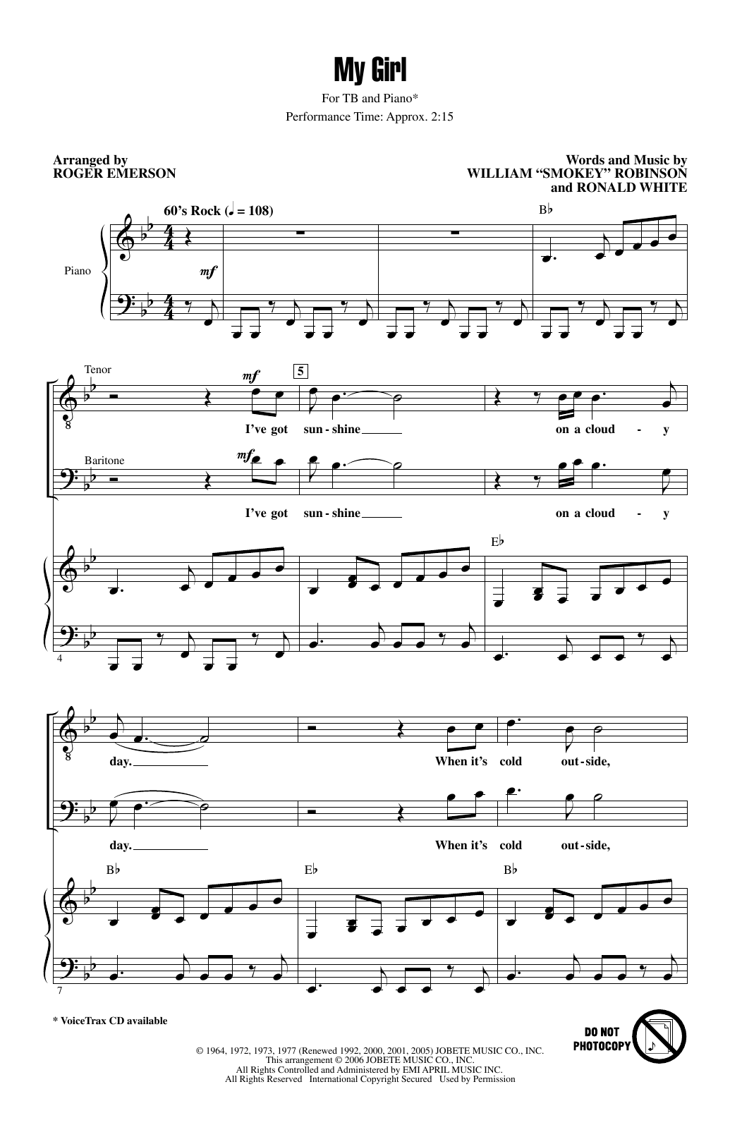 The Temptations My Girl (arr. Roger Emerson) Sheet Music Notes & Chords for TB Choir - Download or Print PDF
