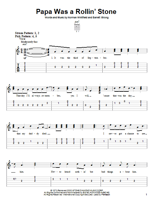 The Temptations Papa Was A Rollin' Stone Sheet Music Notes & Chords for Easy Guitar - Download or Print PDF