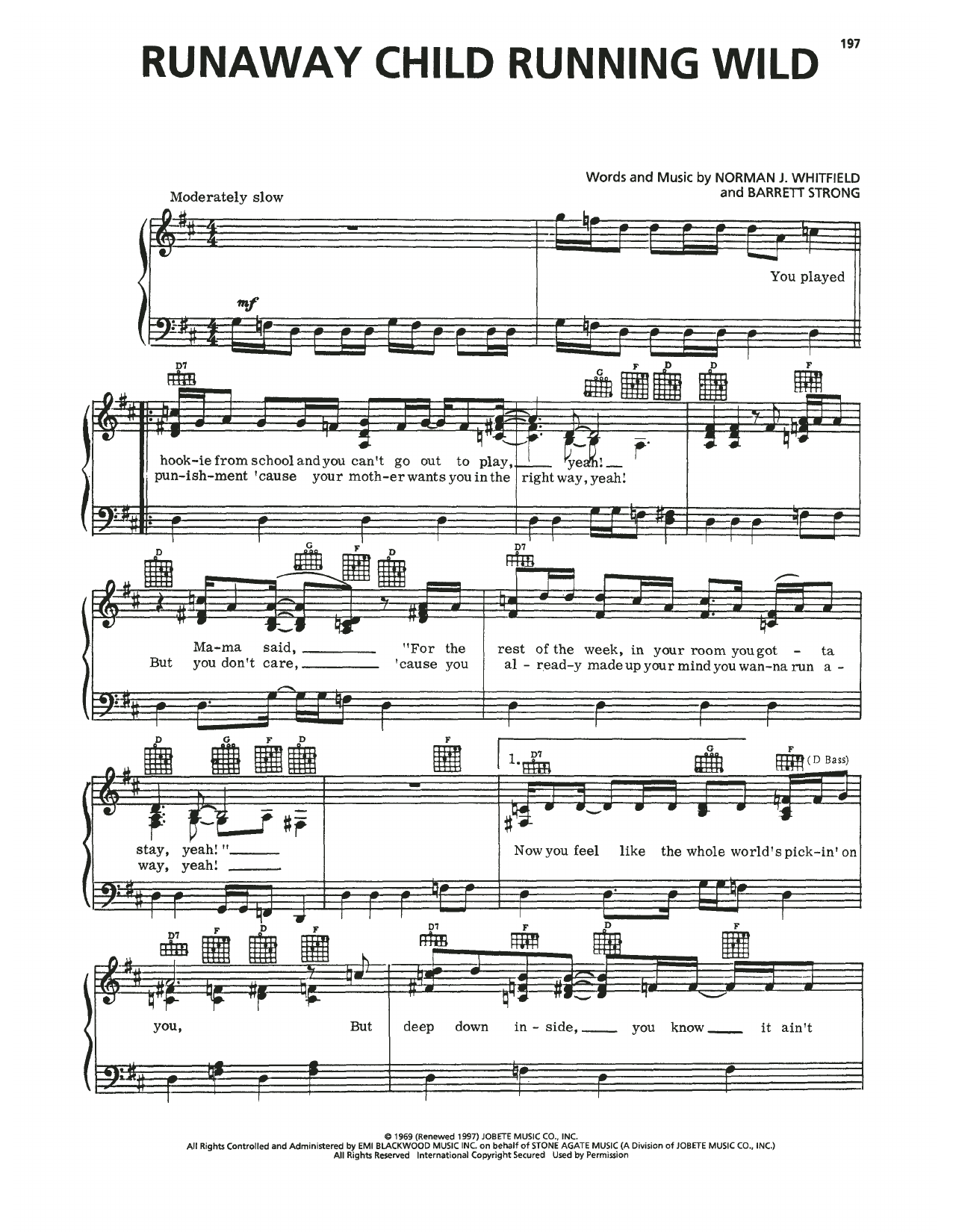The Temptations Runaway Child Running Wild Sheet Music Notes & Chords for Piano, Vocal & Guitar Chords (Right-Hand Melody) - Download or Print PDF