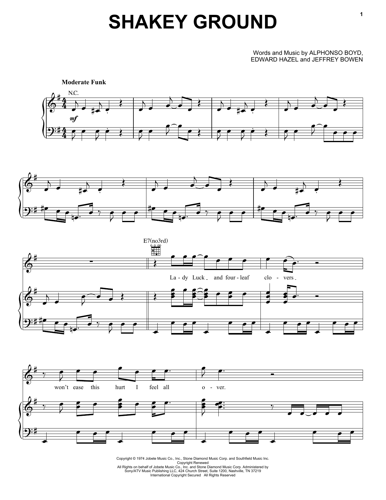 The Temptations Shakey Ground Sheet Music Notes & Chords for Piano, Vocal & Guitar (Right-Hand Melody) - Download or Print PDF