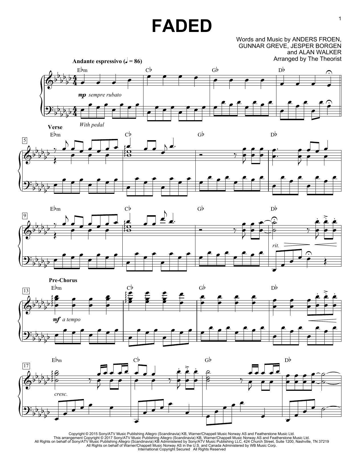 The Theorist Faded Sheet Music Notes & Chords for Piano Solo - Download or Print PDF