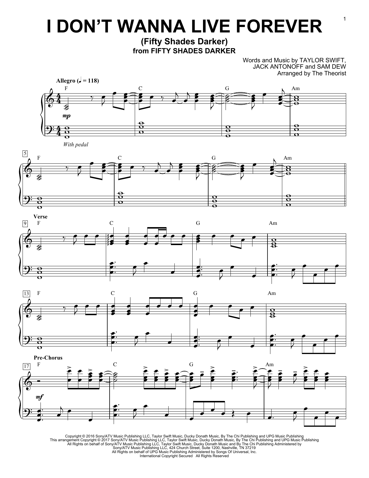 The Theorist I Don't Wanna Live Forever (Fifty Shades Darker) Sheet Music Notes & Chords for Piano Solo - Download or Print PDF