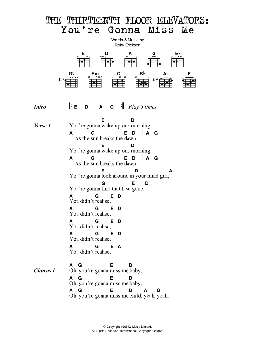 The Thirteenth Floor Elevators You're Gonna Miss Me Sheet Music Notes & Chords for Lyrics & Chords - Download or Print PDF