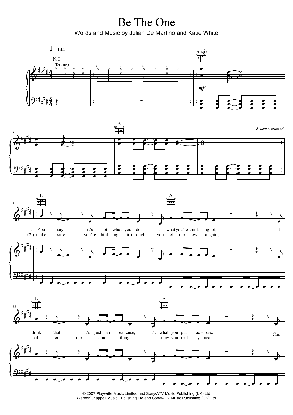 The Ting Tings Be The One Sheet Music Notes & Chords for Piano, Vocal & Guitar (Right-Hand Melody) - Download or Print PDF