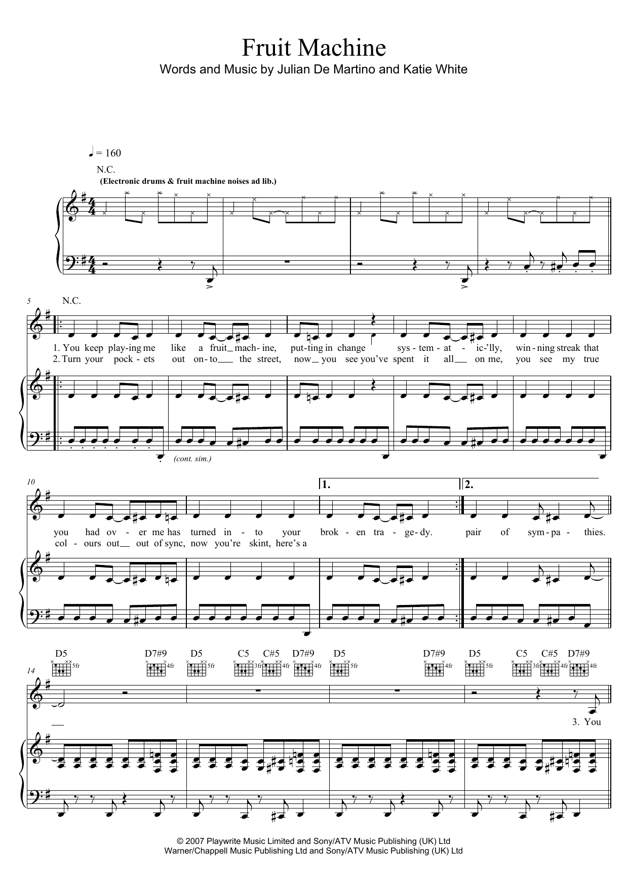 The Ting Tings Fruit Machine Sheet Music Notes & Chords for Piano, Vocal & Guitar (Right-Hand Melody) - Download or Print PDF