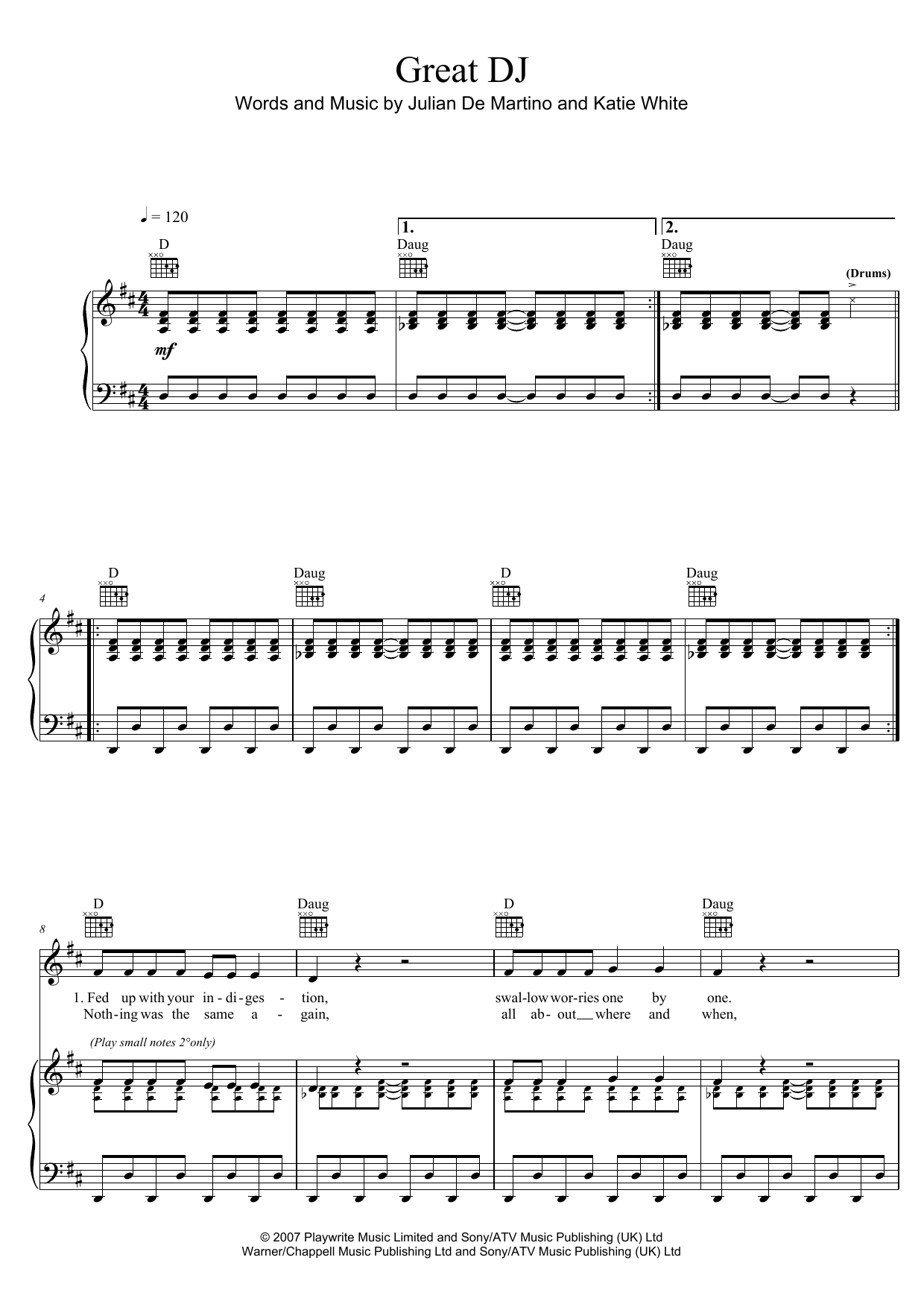 The Ting Tings Great DJ Sheet Music Notes & Chords for Piano, Vocal & Guitar (Right-Hand Melody) - Download or Print PDF
