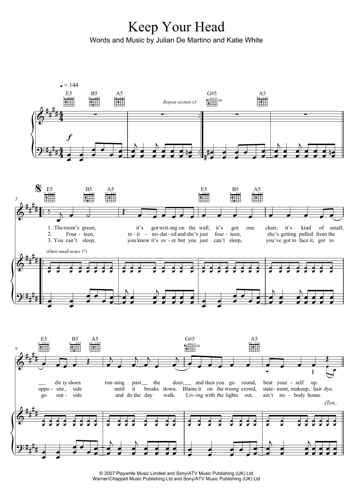 The Ting Tings Keep Your Head Sheet Music Notes & Chords for Piano, Vocal & Guitar (Right-Hand Melody) - Download or Print PDF