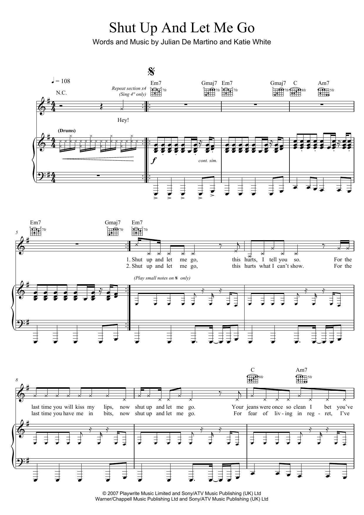 The Ting Tings Shut Up And Let Me Go Sheet Music Notes & Chords for Piano, Vocal & Guitar (Right-Hand Melody) - Download or Print PDF