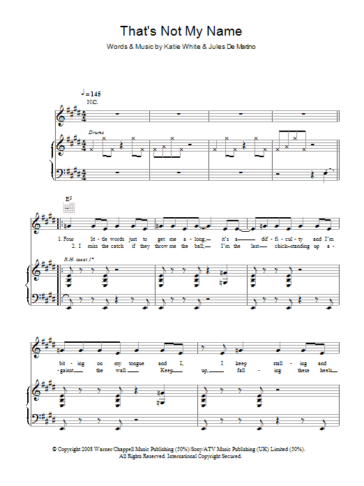 The Ting Tings That's Not My Name Sheet Music Notes & Chords for Piano, Vocal & Guitar (Right-Hand Melody) - Download or Print PDF