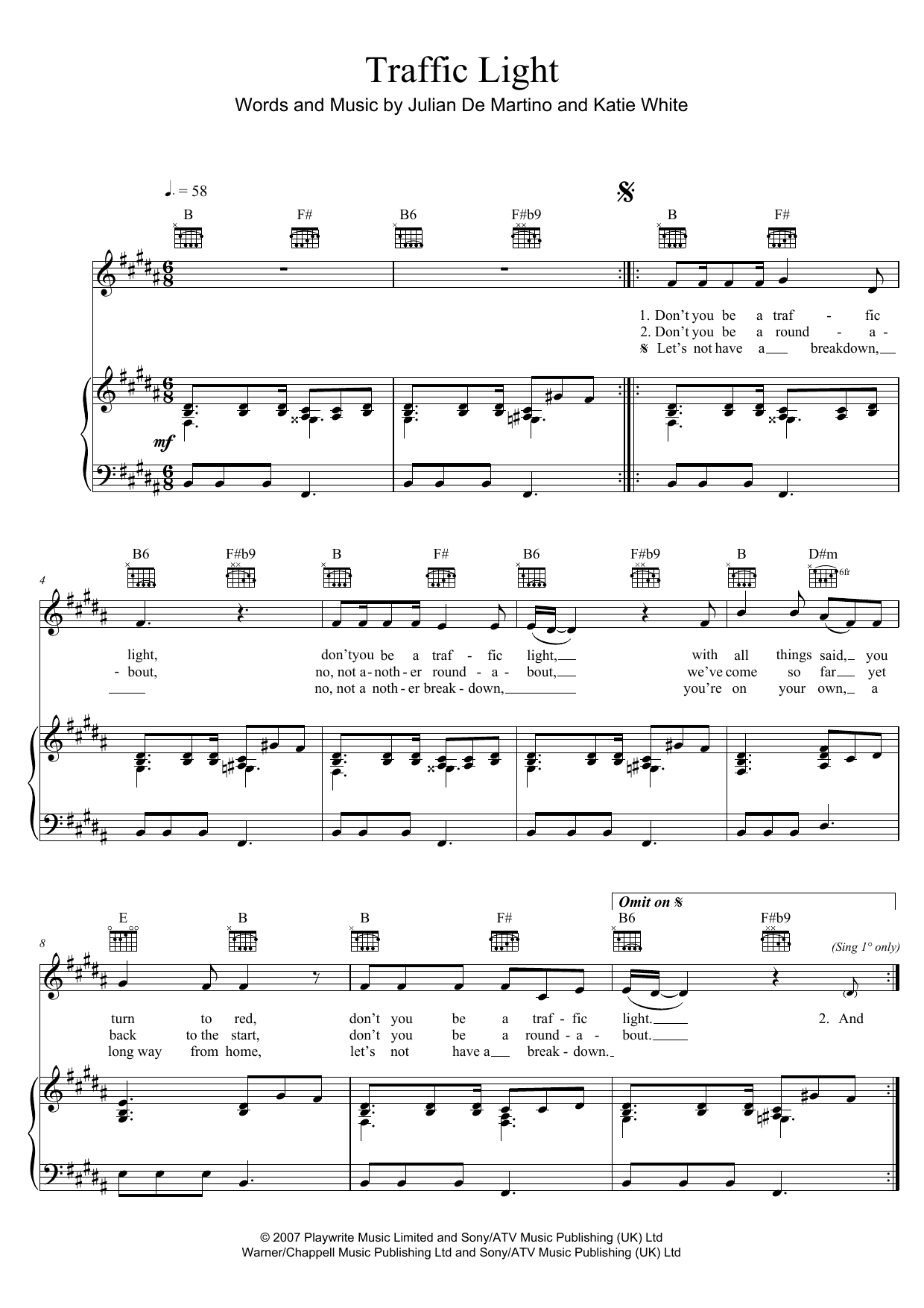 The Ting Tings Traffic Light Sheet Music Notes & Chords for Piano, Vocal & Guitar (Right-Hand Melody) - Download or Print PDF