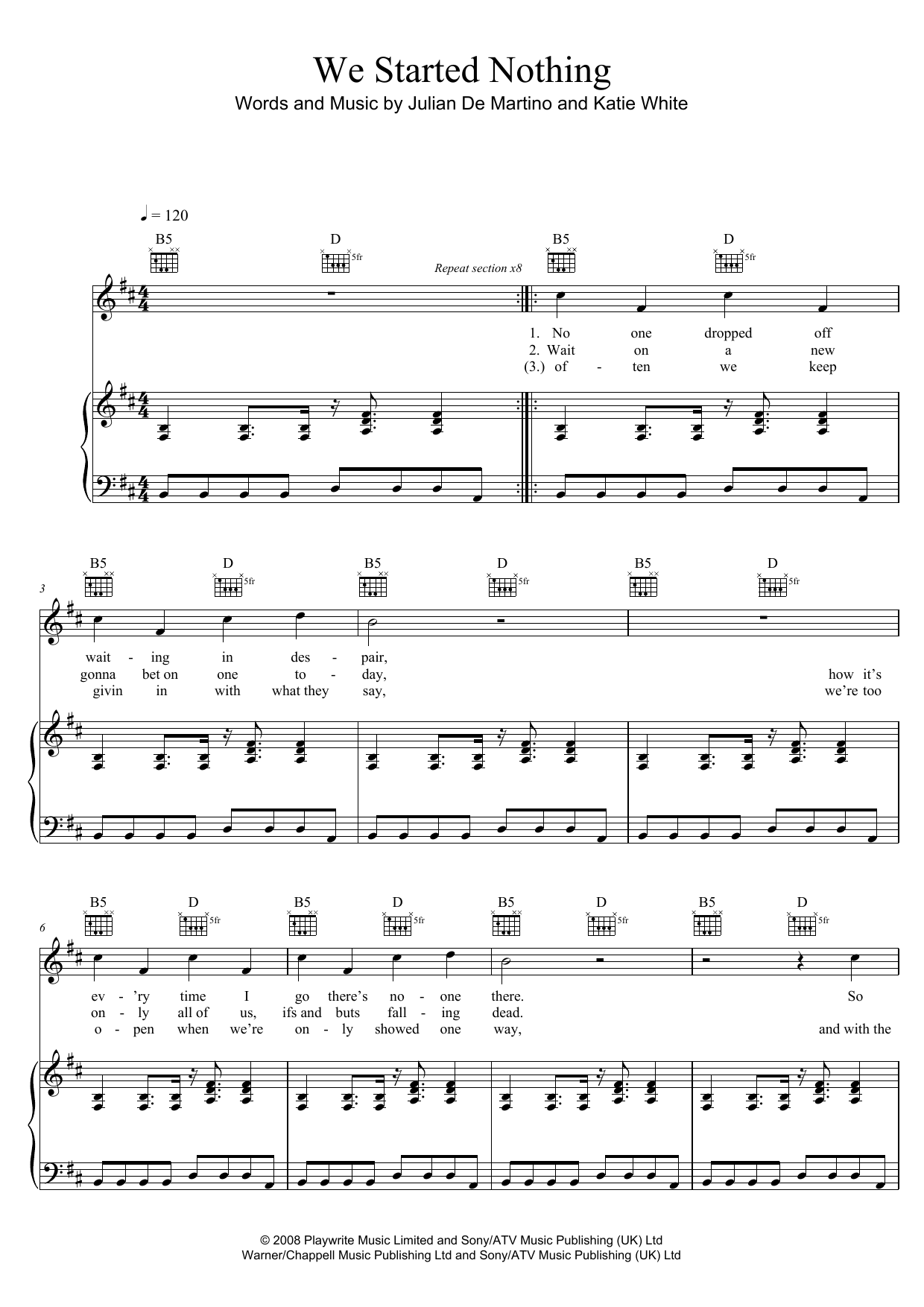 The Ting Tings We Started Nothing Sheet Music Notes & Chords for Piano, Vocal & Guitar (Right-Hand Melody) - Download or Print PDF