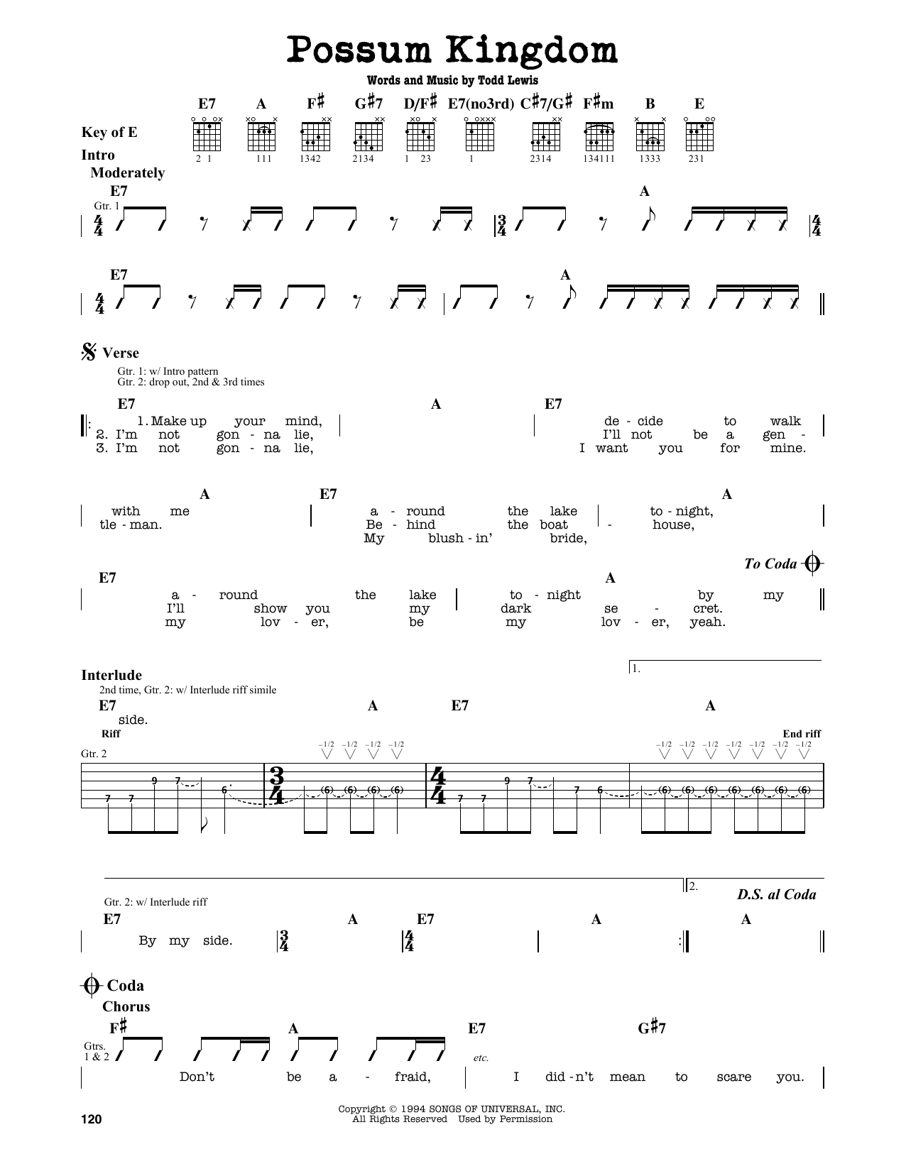 The Toadies Possum Kingdom Sheet Music Notes & Chords for Guitar Lead Sheet - Download or Print PDF