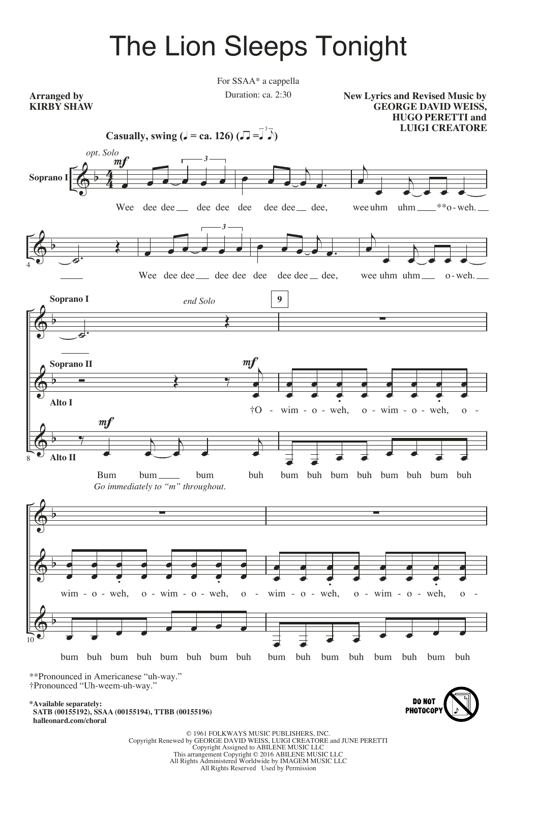 The Tokens The Lion Sleeps Tonight (arr. Kirby Shaw) Sheet Music Notes & Chords for Piano, Vocal & Guitar - Download or Print PDF