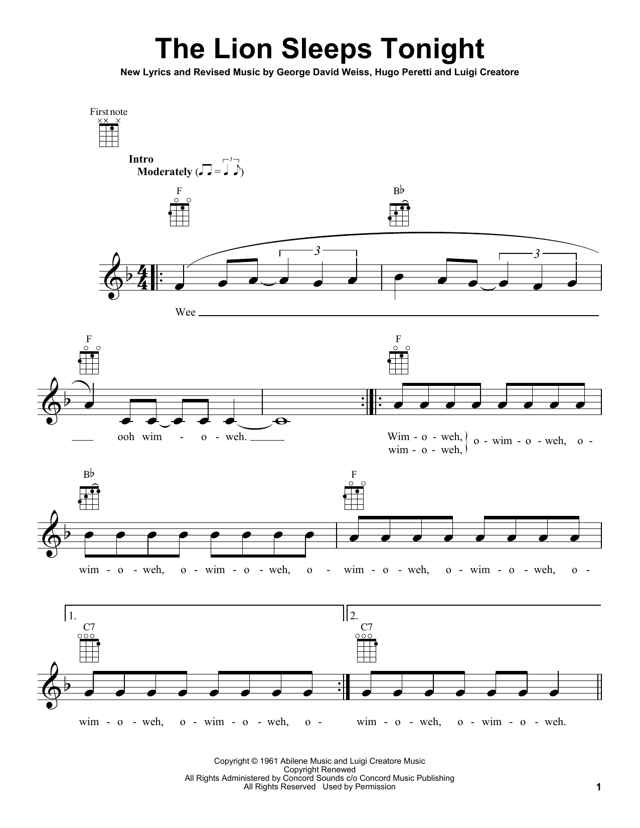 The Tokens The Lion Sleeps Tonight Sheet Music Notes & Chords for Ukulele - Download or Print PDF