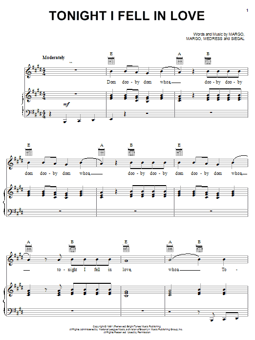 The Tokens Tonight I Fell In Love Sheet Music Notes & Chords for Piano, Vocal & Guitar (Right-Hand Melody) - Download or Print PDF