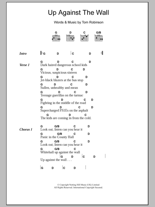 The Tom Robinson Band Up Against The Wall Sheet Music Notes & Chords for Lyrics & Chords - Download or Print PDF