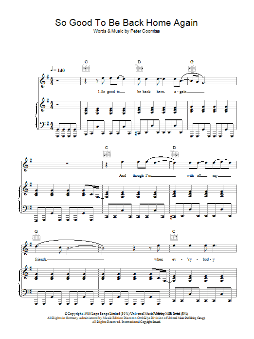 The Tourists So Good To Be Back Home Again Sheet Music Notes & Chords for Piano, Vocal & Guitar - Download or Print PDF