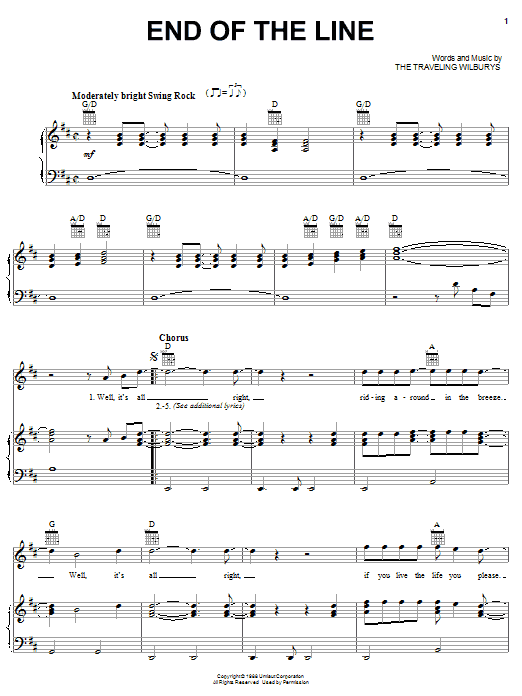 The Traveling Wilburys End Of The Line Sheet Music Notes & Chords for Piano, Vocal & Guitar (Right-Hand Melody) - Download or Print PDF