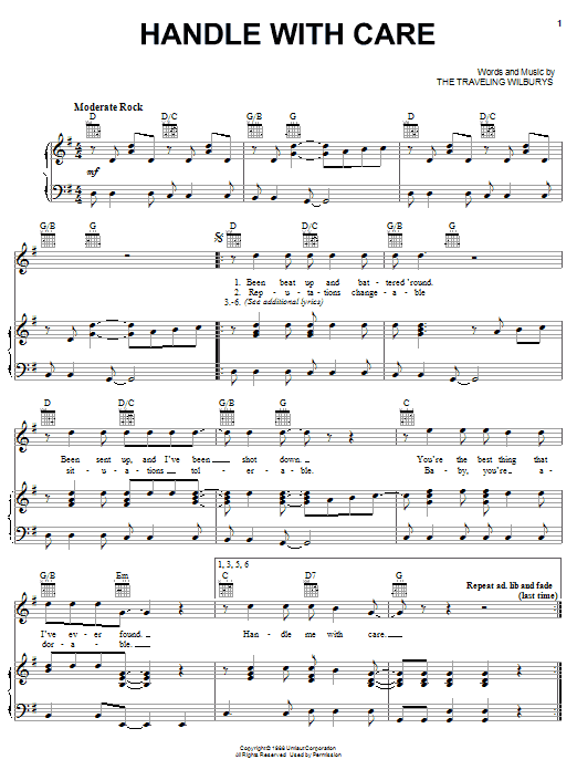 The Traveling Wilburys Handle With Care Sheet Music Notes & Chords for Piano, Vocal & Guitar (Right-Hand Melody) - Download or Print PDF