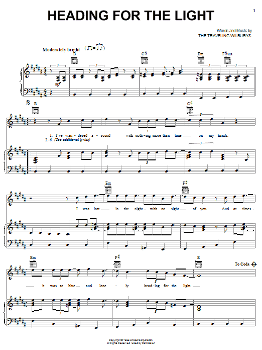 The Traveling Wilburys Heading For The Light Sheet Music Notes & Chords for Piano, Vocal & Guitar (Right-Hand Melody) - Download or Print PDF