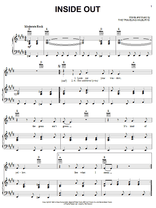 The Traveling Wilburys Inside Out Sheet Music Notes & Chords for Piano, Vocal & Guitar (Right-Hand Melody) - Download or Print PDF
