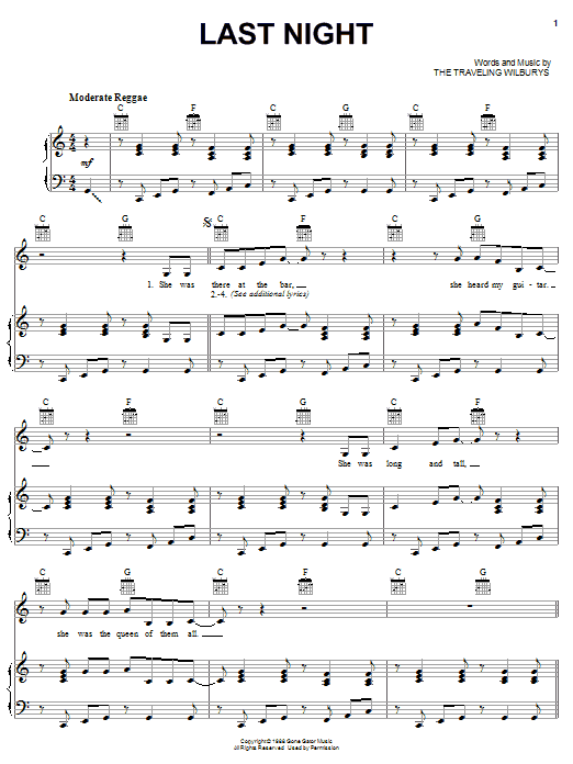 The Traveling Wilburys Last Night Sheet Music Notes & Chords for Piano, Vocal & Guitar (Right-Hand Melody) - Download or Print PDF The Traveling Wilburys Last Night Sheet Music Notes & Chords for Piano, Vocal & Guitar (Right-Hand Melody) - Download or Print PDF