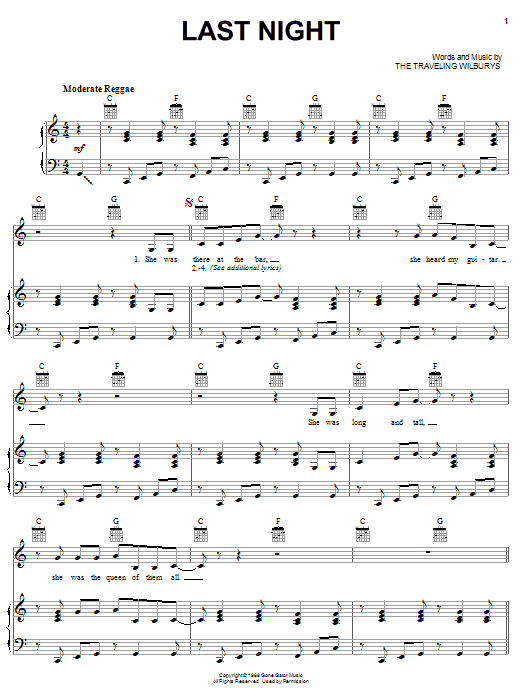 The Traveling Wilburys Last Night Sheet Music Notes & Chords for Piano, Vocal & Guitar (Right-Hand Melody) - Download or Print PDF