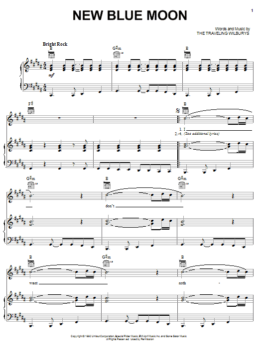 The Traveling Wilburys New Blue Moon Sheet Music Notes & Chords for Piano, Vocal & Guitar (Right-Hand Melody) - Download or Print PDF