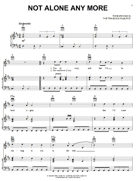 The Traveling Wilburys Not Alone Any More Sheet Music Notes & Chords for Piano, Vocal & Guitar (Right-Hand Melody) - Download or Print PDF