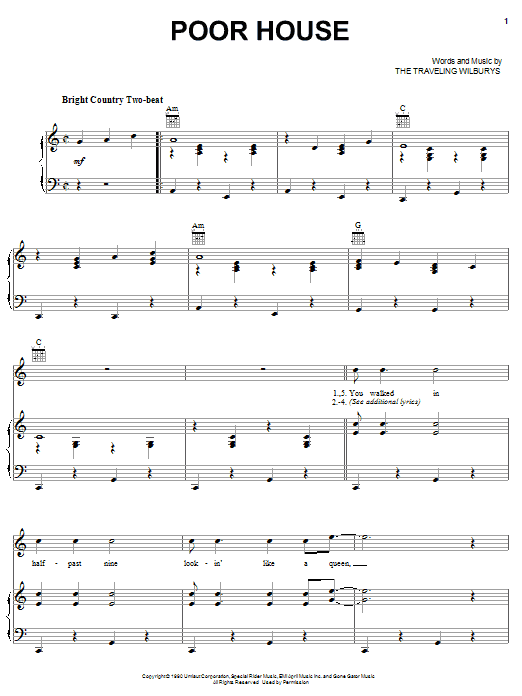 The Traveling Wilburys Poor House Sheet Music Notes & Chords for Piano, Vocal & Guitar (Right-Hand Melody) - Download or Print PDF