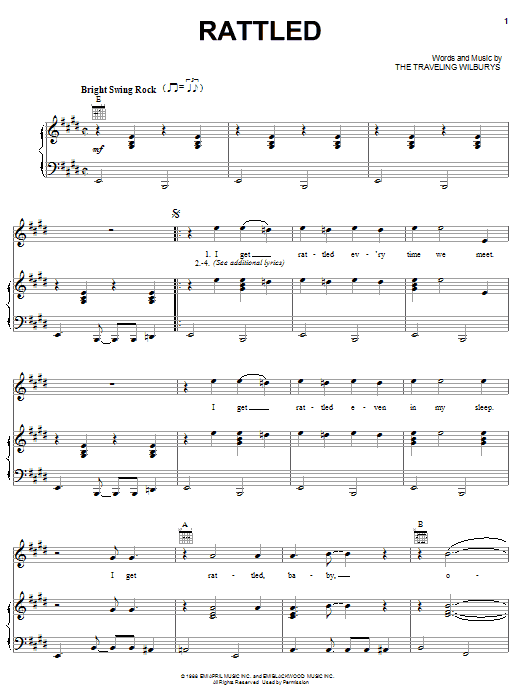The Traveling Wilburys Rattled Sheet Music Notes & Chords for Piano, Vocal & Guitar (Right-Hand Melody) - Download or Print PDF
