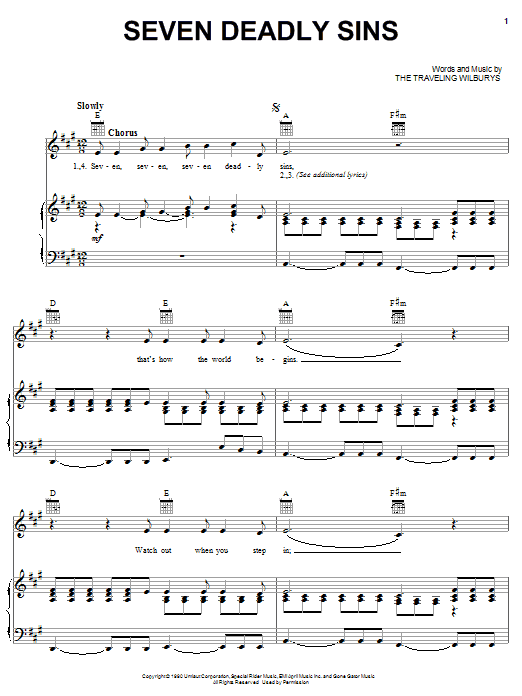 The Traveling Wilburys Seven Deadly Sins Sheet Music Notes & Chords for Piano, Vocal & Guitar (Right-Hand Melody) - Download or Print PDF