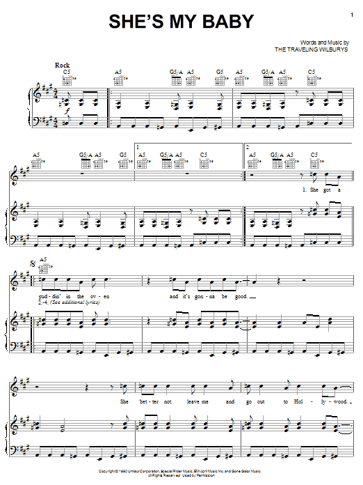 The Traveling Wilburys She's My Baby Sheet Music Notes & Chords for Piano, Vocal & Guitar (Right-Hand Melody) - Download or Print PDF