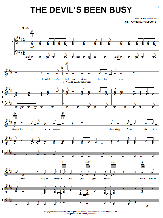 The Traveling Wilburys The Devil's Been Busy Sheet Music Notes & Chords for Piano, Vocal & Guitar (Right-Hand Melody) - Download or Print PDF