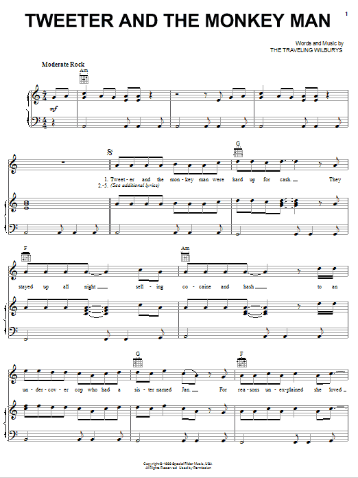 The Traveling Wilburys Tweeter And The Monkey Man Sheet Music Notes & Chords for Piano, Vocal & Guitar (Right-Hand Melody) - Download or Print PDF The Traveling Wilburys Tweeter And The Monkey Man Sheet Music Notes & Chords for Piano, Vocal & Guitar (Right-Hand Melody) - Download or Print PDF