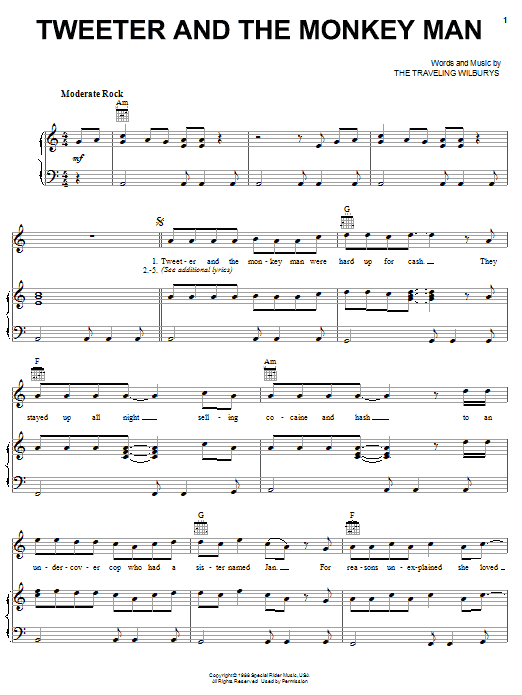 The Traveling Wilburys Tweeter And The Monkey Man Sheet Music Notes & Chords for Piano, Vocal & Guitar (Right-Hand Melody) - Download or Print PDF