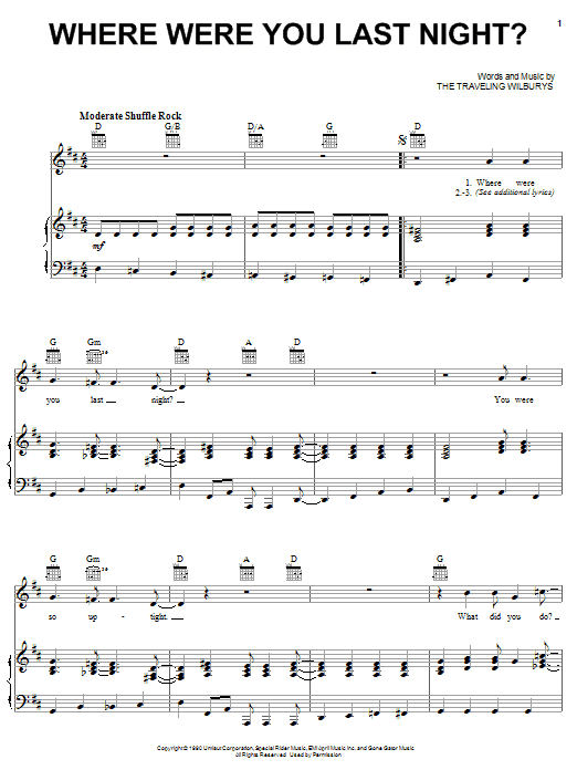 The Traveling Wilburys Where Were You Last Night? Sheet Music Notes & Chords for Piano, Vocal & Guitar (Right-Hand Melody) - Download or Print PDF