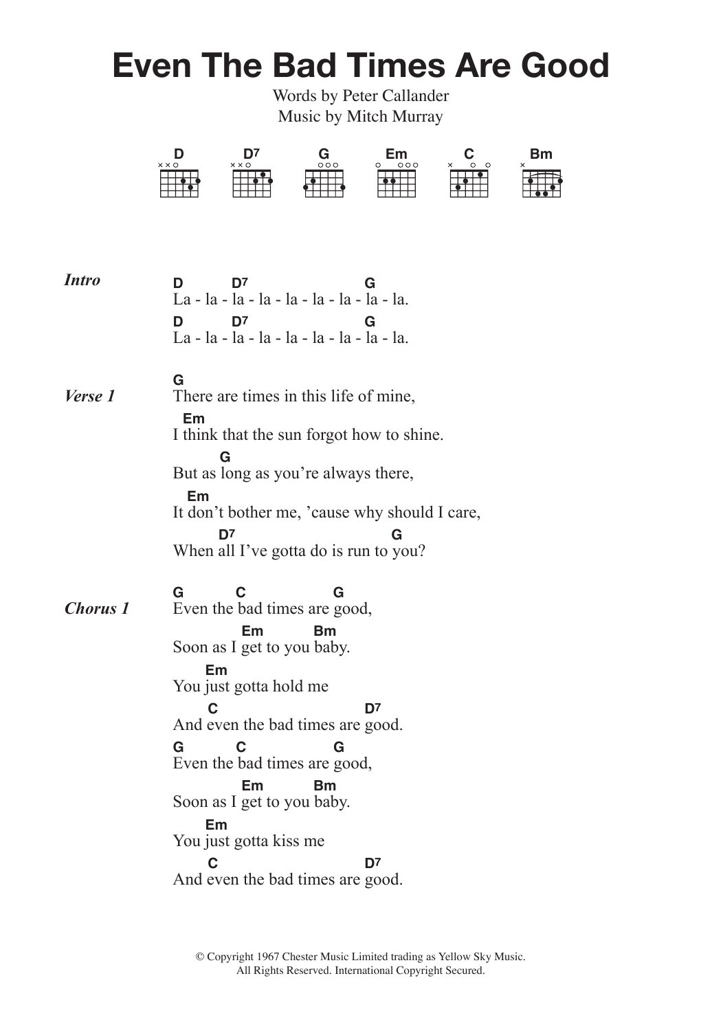 The Tremeloes Even The Bad Times Are Good Sheet Music Notes & Chords for Lyrics & Chords - Download or Print PDF