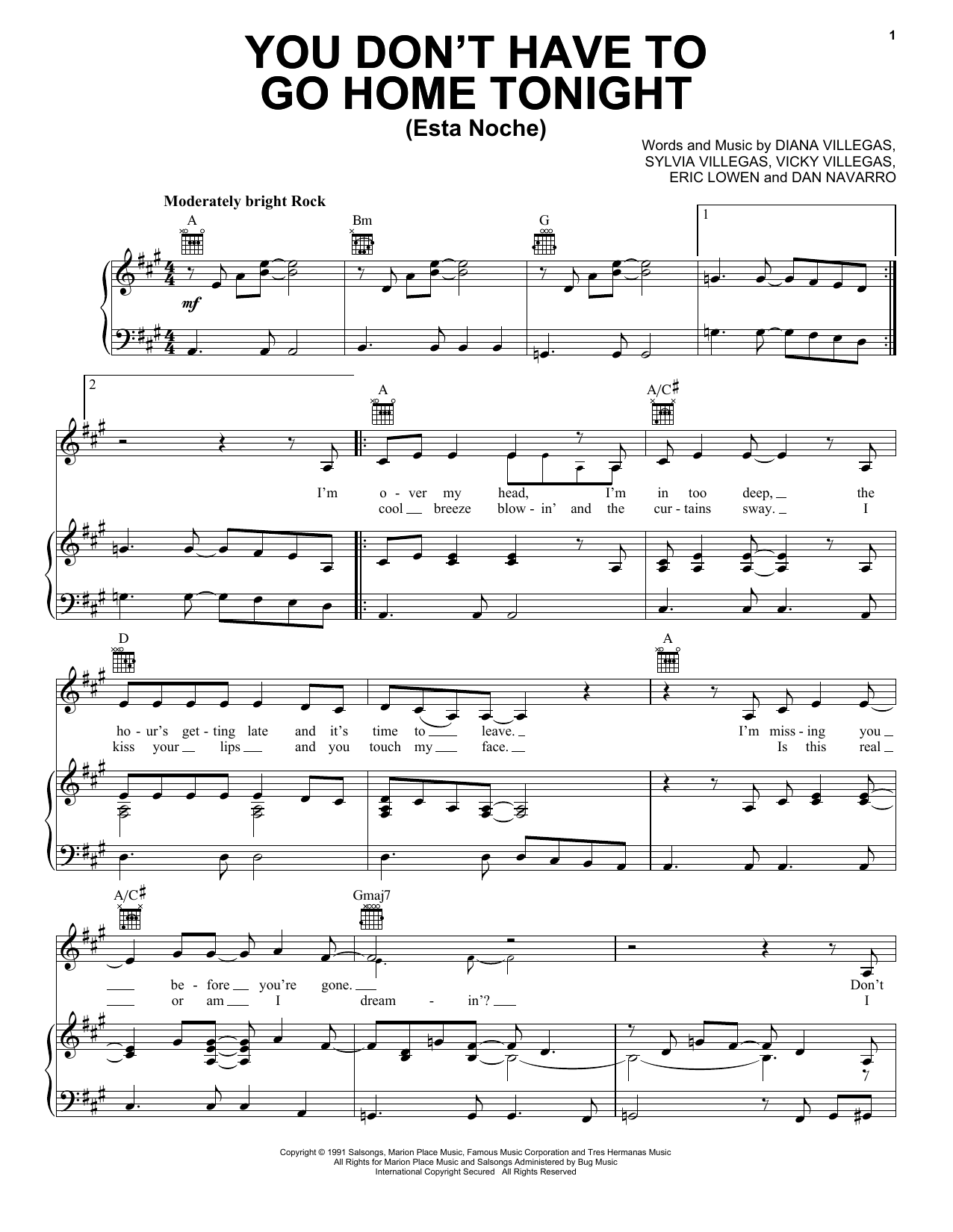 The Triplets You Don't Have To Go Home Tonight (Esta Noche) Sheet Music Notes & Chords for Piano, Vocal & Guitar Chords (Right-Hand Melody) - Download or Print PDF