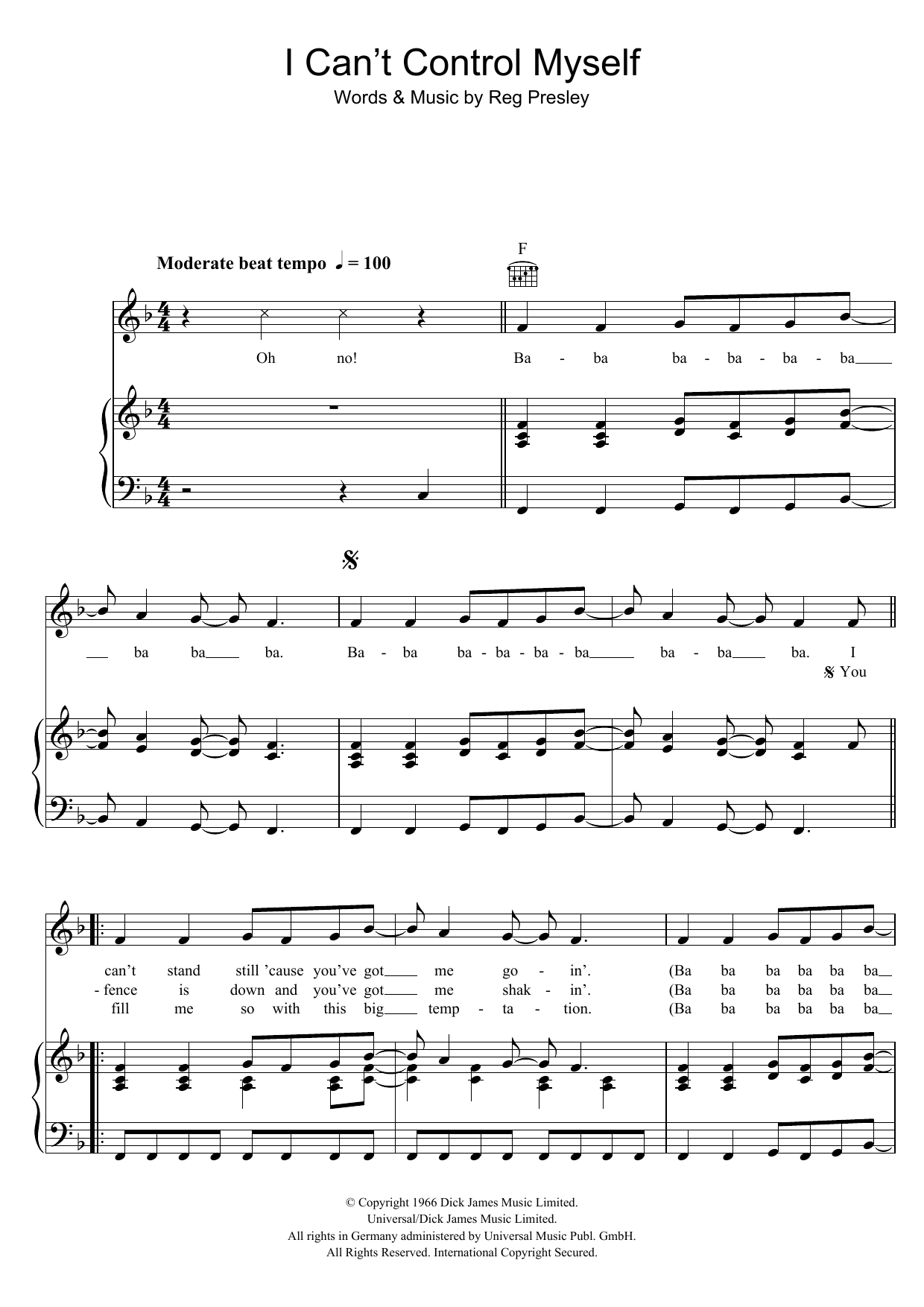 The Troggs I Can't Control Myself Sheet Music Notes & Chords for Piano, Vocal & Guitar (Right-Hand Melody) - Download or Print PDF