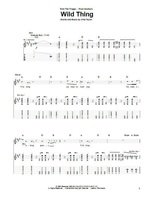 The Troggs Wild Thing Sheet Music Notes & Chords for Piano, Vocal & Guitar (Right-Hand Melody) - Download or Print PDF