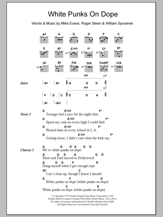 The Tubes White Punks On Dope Sheet Music Notes & Chords for Lyrics & Chords - Download or Print PDF